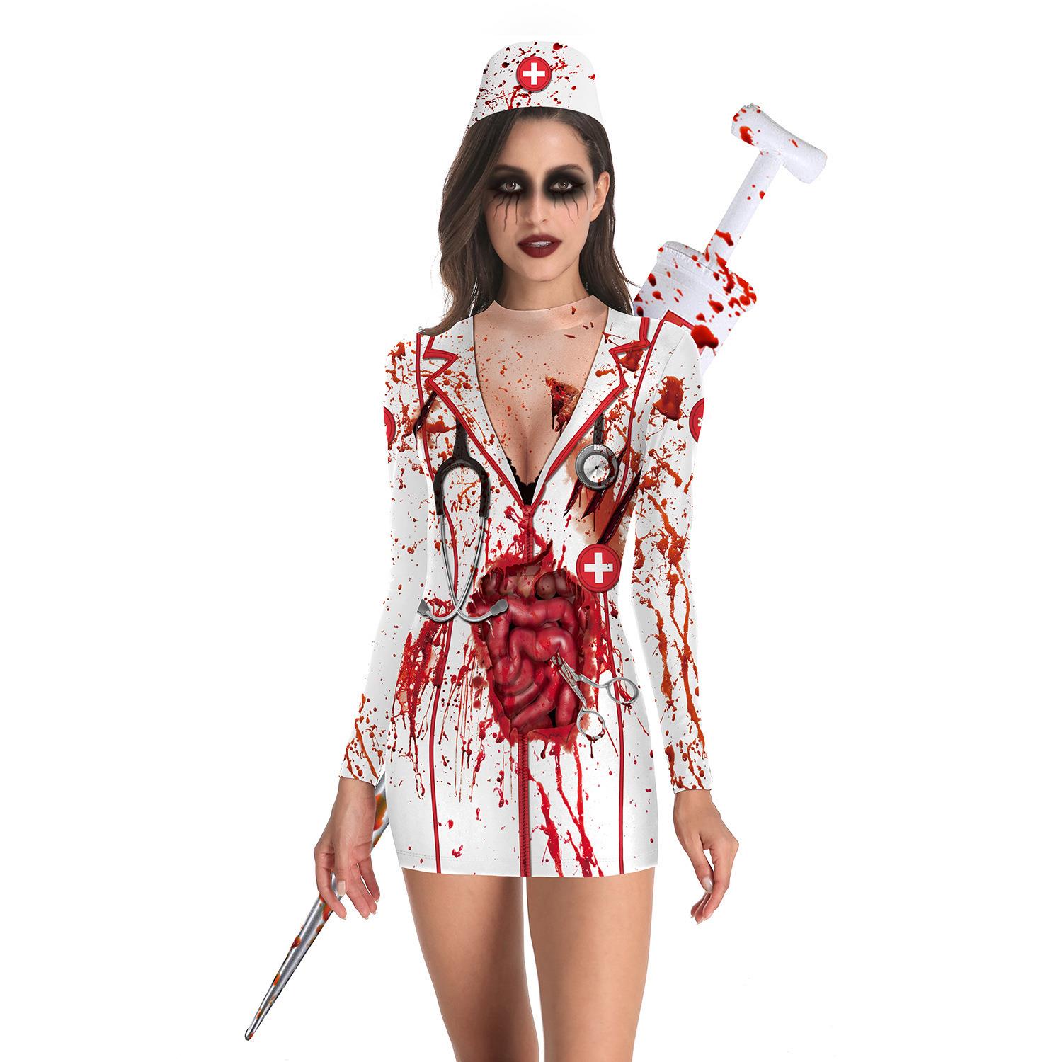Halloween Nurse Zombie cosplay long sleeved dress万圣节护士