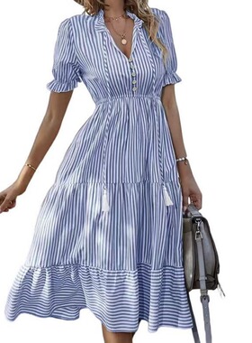 Women's striped dress with V-neck条纹连衣裙v领松紧腰短袖