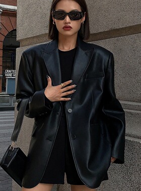 Black PU leather jacket suit jacket for women宽松小西服夹