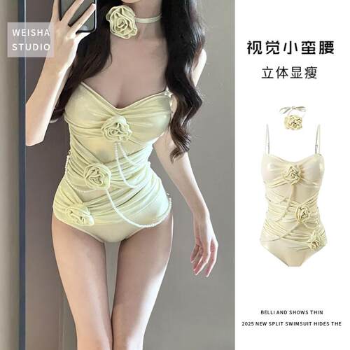 Women Swimwear 2026连体泳衣女细闪花朵美背显瘦纯欲风泳装