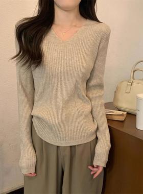 Womens Knit Top女春秋ins别致修身百搭V领长袖打底衫