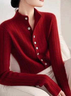 Women'sred sweater knitted cardigantop红色毛衣针织开衫女上衣
