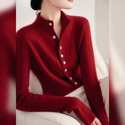 Women'sred sweater knitted cardigantop红色毛衣针织开衫女上衣