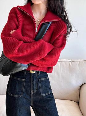 Women's short high-neck zipper red knitted shirt针织衫女短款