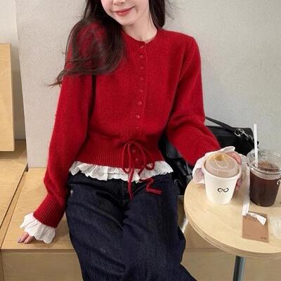 New Year's red knitted sweater for women's top新年红色毛衣女