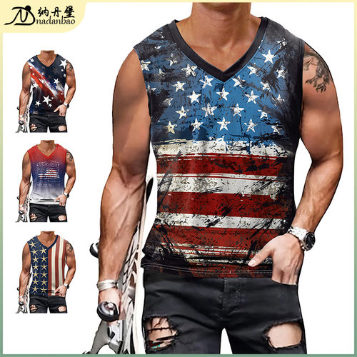 Christmas men's vest printed V-neck top圣诞节印花V领上衣男
