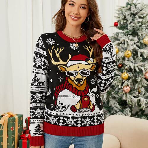 Christmas reindeer jacquard knitted sweater top圣诞毛衣套头