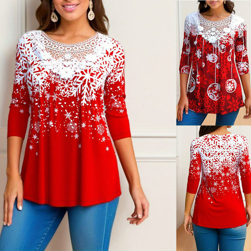 Large size long sleeved printed Christmas top T-shirt圣诞T恤