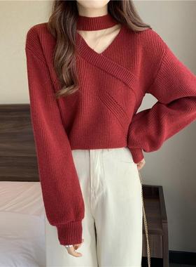 Women's irregular neckline V-neck knitted sweater针织毛衣女