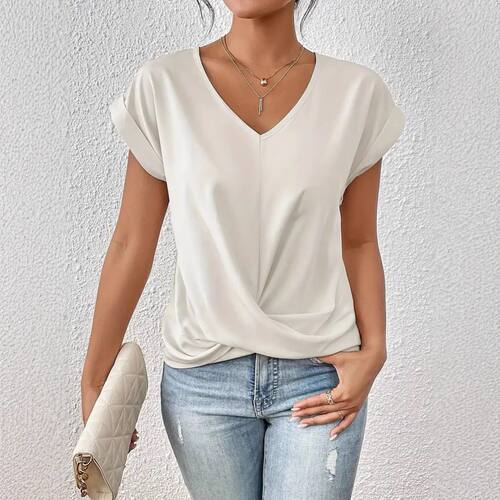 Fashion solid color V-neckT-shirt women'sshort sleeved top