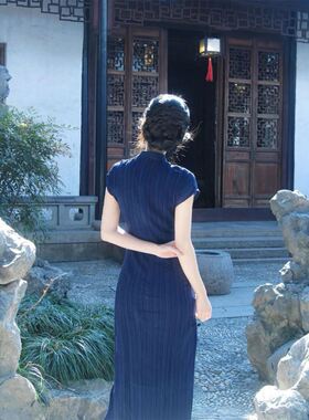 Dress cheongsam women's summer藏青色改良旗袍女夏连衣裙潮