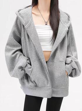 Womens Hoodie女2026春秋新款爆款百搭浅灰色气质运动外套