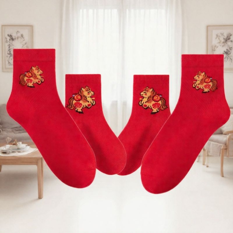 新年亲子装红袜子卡通一家三四口