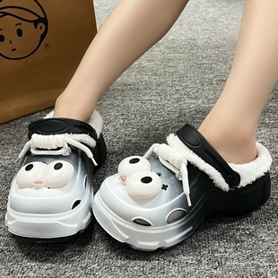 简约新款加绒洞洞鞋女外穿冬季厚底增高保暖可拆卸毛绒冬天棉拖鞋