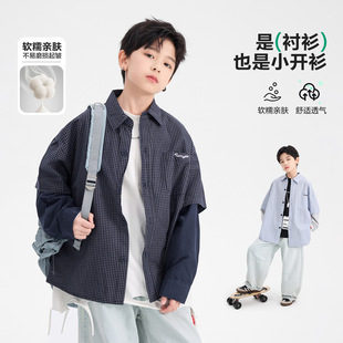 大童男装一米二三四五六年级七八九十岁小孩春衣服假两件格子衬衫