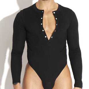 Men's T-shirt欧美情趣连体衣设计感性感长袖T恤紧身弹力家居服男