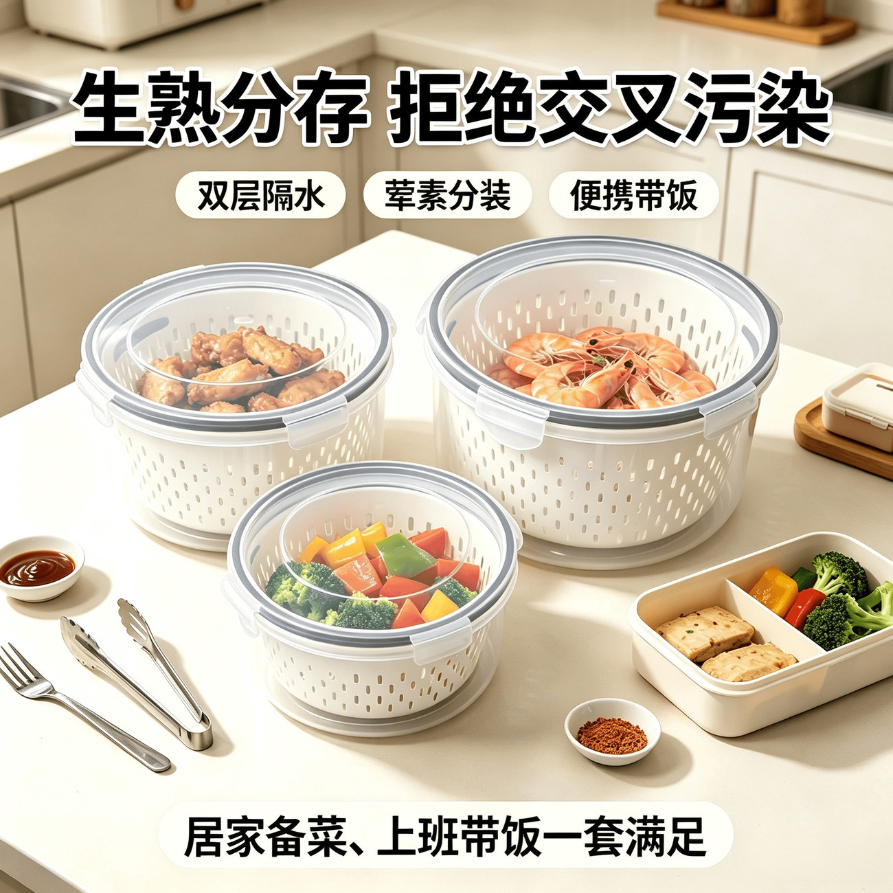 圆形双层带盖沥水保鲜盒