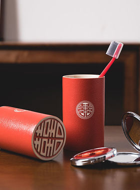 进口MUJIE结婚洗漱杯牙刷陪嫁套装情侣一对红色陶瓷漱口杯创意