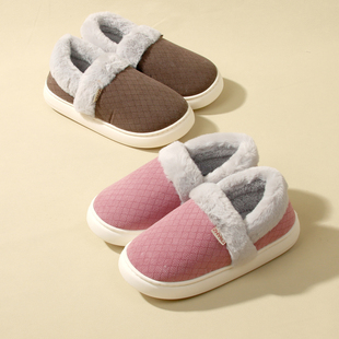 钟意美佳新款小格纹简约包跟棉鞋男女式中包跟厚底防滑保暖棉靴冬