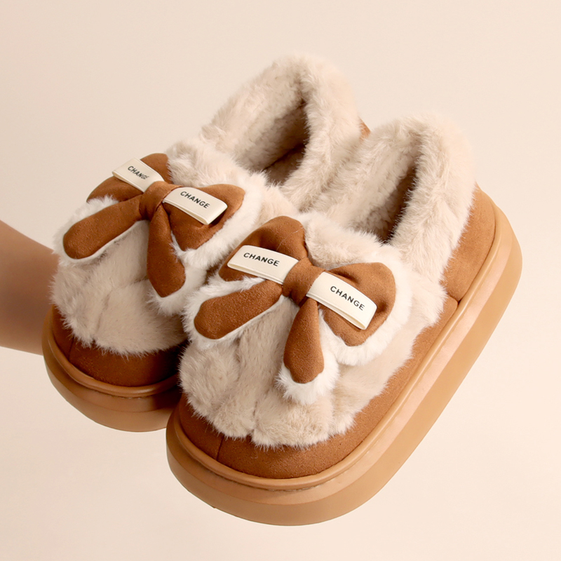 包跟棉拖鞋女士快鹿新款蝴蝶结冬季居家厚底防滑保暖时尚毛绒短靴