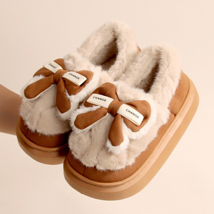 包跟棉拖鞋 蝴蝶结冬季 居家厚底防滑保暖时尚 毛绒短靴 女士快鹿新款