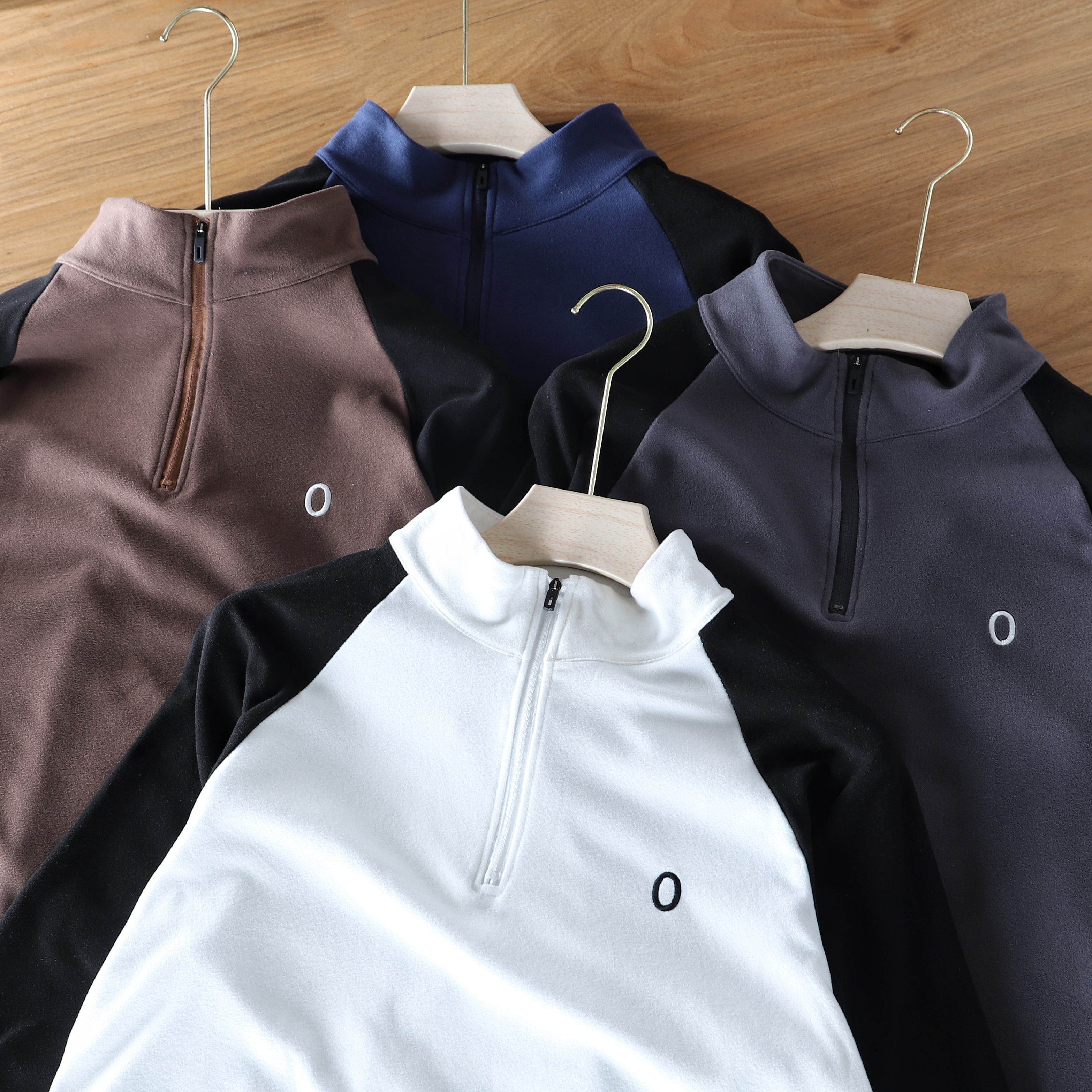 冬季新款男拼接半拉链立领双面加厚德绒打底衫精致刺绣落肩男卫衣