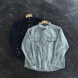新品 外贸男士 工装 口袋宽松休闲牛仔长袖 出口日单 衬衫 重工水洗