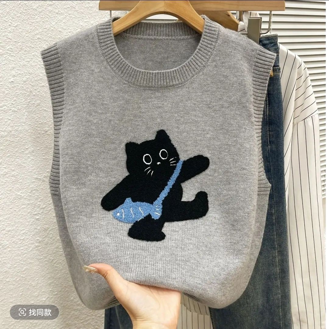 可爱减龄针织毛衣马甲背心女经典刺绣小猫时尚百搭内搭马夹秋冬季
