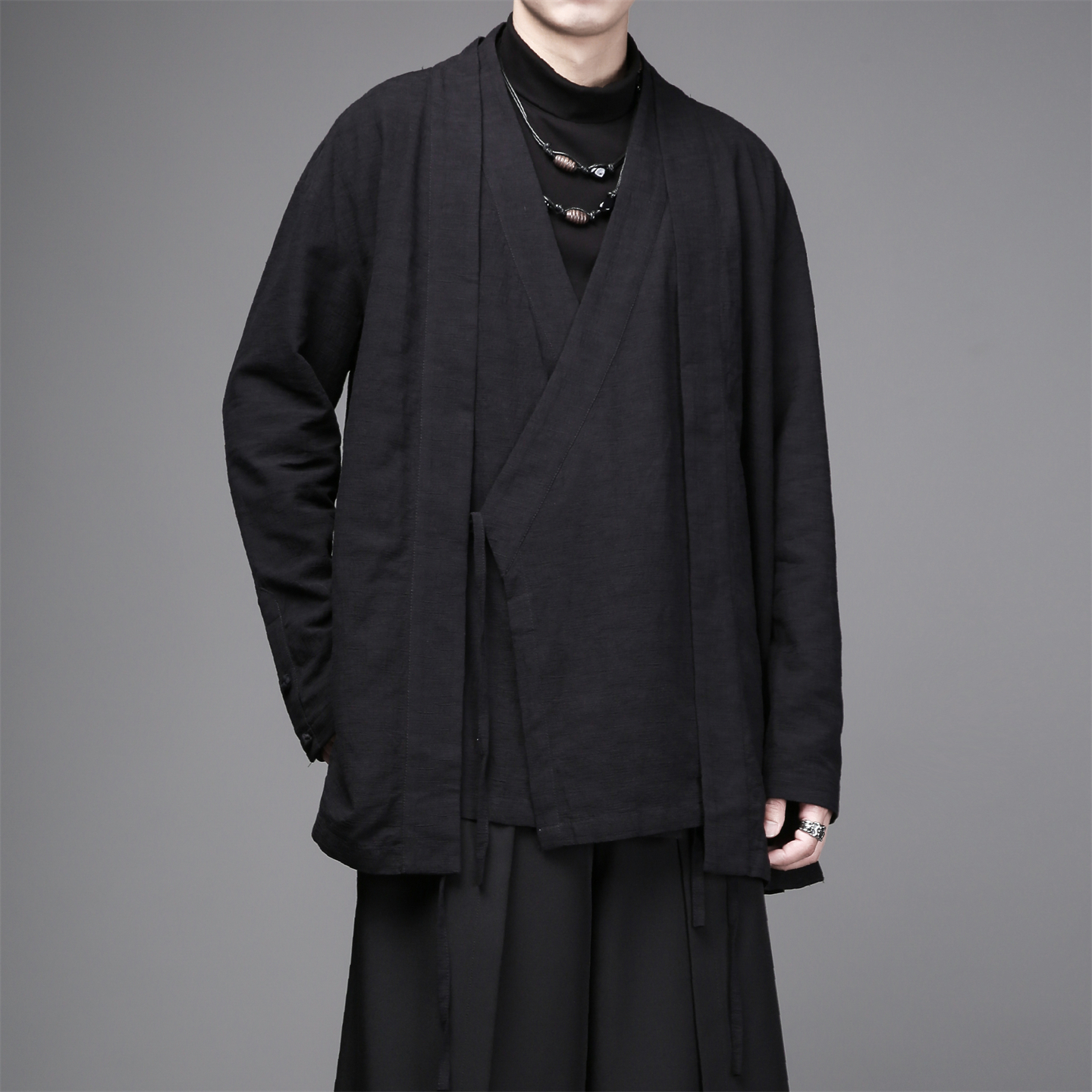 秋季复古棉麻假两件设计感新中式斜襟亚麻外套休闲道袍披风外套男