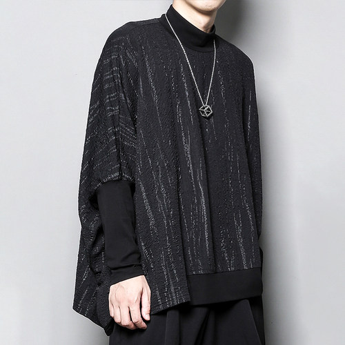 暗黑系个性小众设计感宽松蝙蝠袖高领暗纹长袖t恤卫衣男发型师潮
