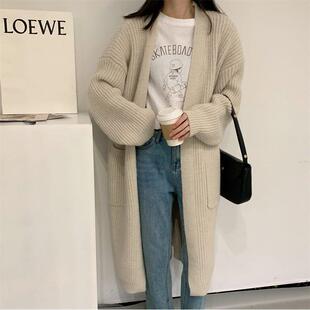 加厚粗毛线中长款针织开衫女2026年韩版慵懒风大口袋宽松百搭外套