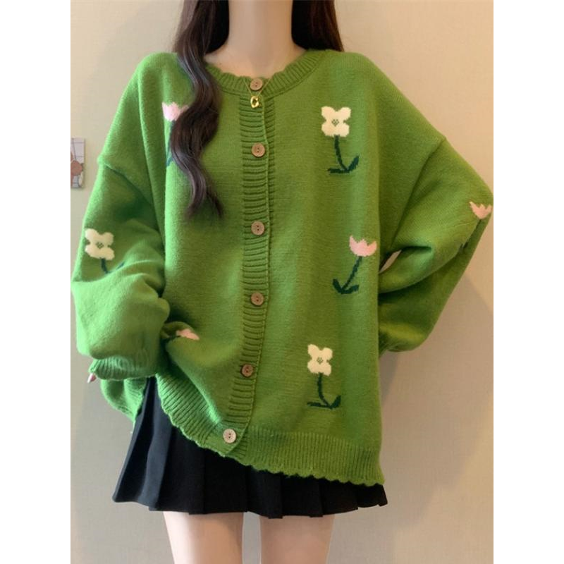绿色花朵毛衣外套女2025年秋冬