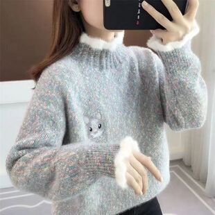 半高领花边领雪尼尔毛衣女2026秋冬新款加厚套头针织衫显瘦打底衫