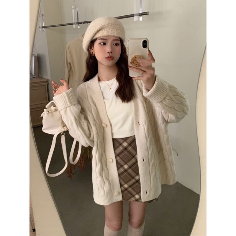 慵懒风针织衫开衫女2026春秋新款韩版宽松外穿上衣麻花毛衣外套女