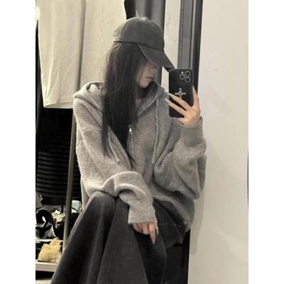 韩系浣熊绒灰色拉链连帽毛