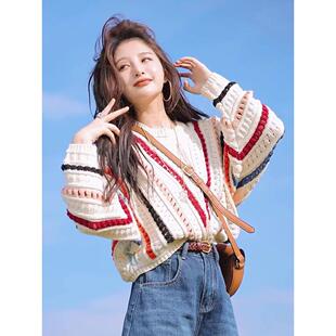 彩色条纹针织衫上衣女2024新款外穿宽松套头慵懒风毛衣女秋冬外套