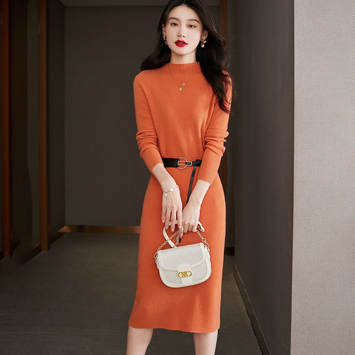 中长款半高领毛衣女2026秋冬过膝遮屁股配大衣打底针织衫连衣裙女