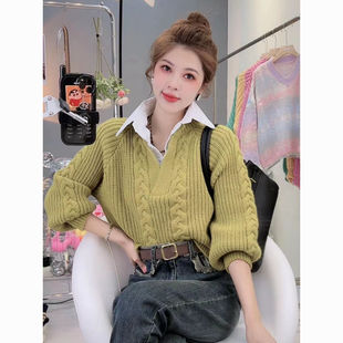 POLO领拼接针织衫女设计感小众秋季上衣百搭洋气假两件套头毛衣潮