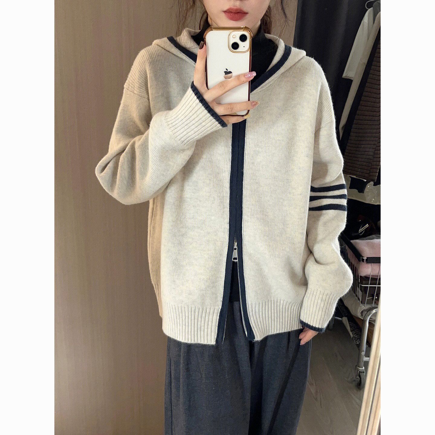 灰色连帽毛衣外套女2026秋冬新款韩版慵懒风宽松拉链针织衫开衫女