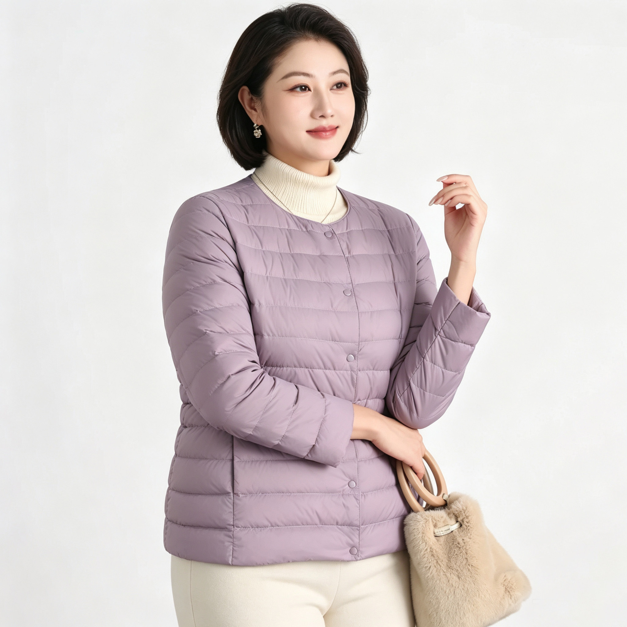 轻薄圆领排骨羽绒服女大码胖MM紫色保暖内胆百搭冬季御寒时尚外套