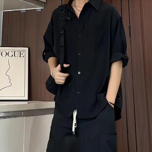 男夏季 美式 黑色冰絲短袖 襯衫 高級(jí)感痞帥襯衣服oversize外套潮 薄款