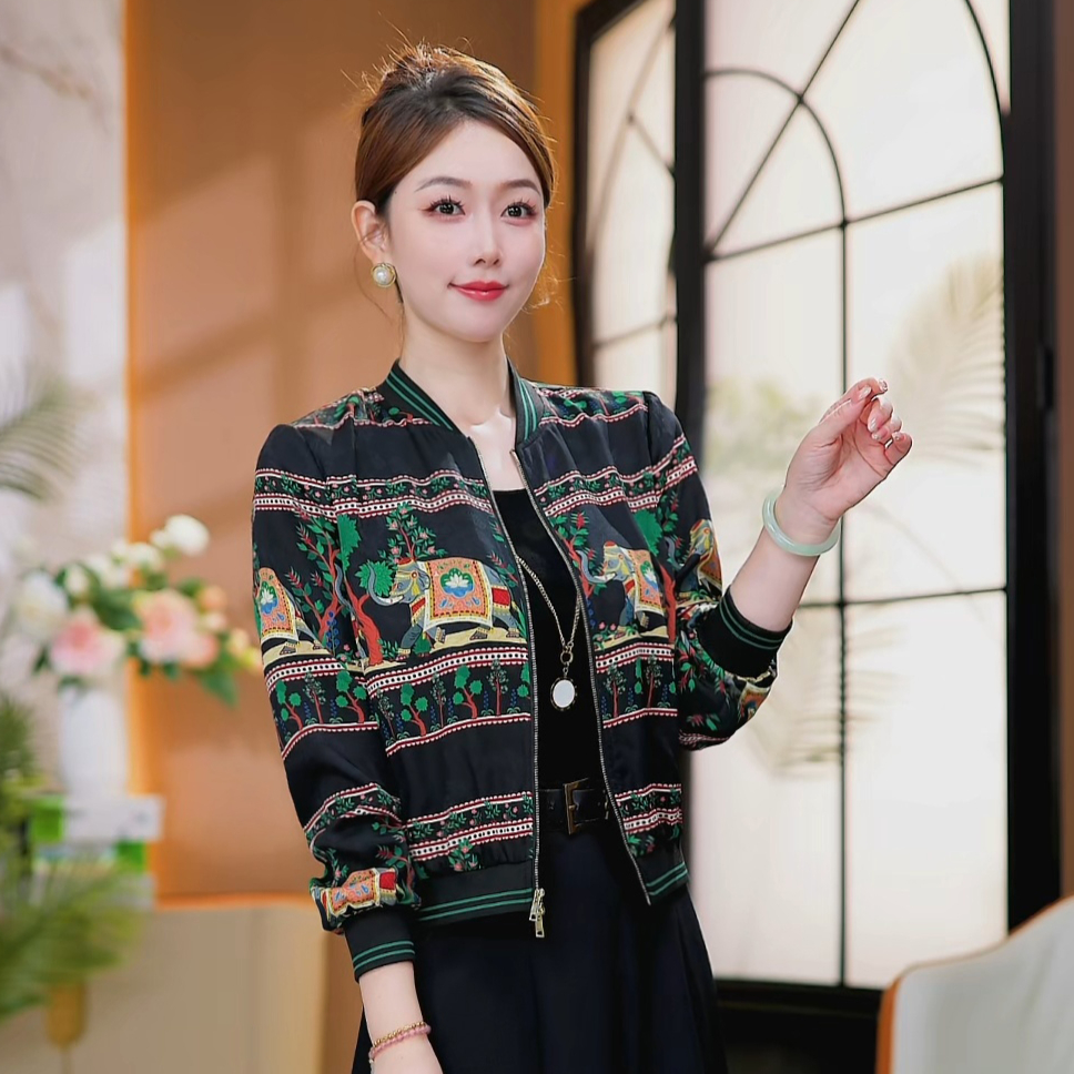 现货 曼城旧事~两面穿印花时尚气质撞色减龄百搭棒球服短外套秋冬