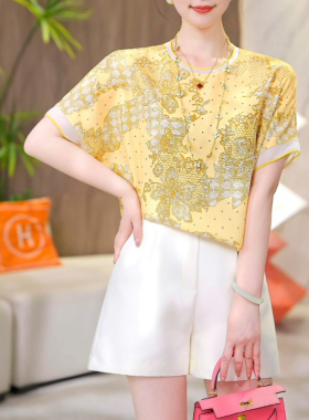 现货 阳光花韵~短袖黄色T恤衫洋气宽松上衣大码女装夏季新款小衫