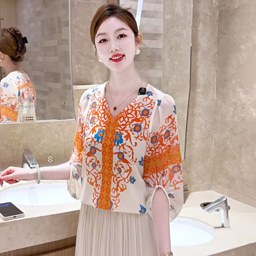 现货！阳光碎片~百搭宽松灯笼袖印花T恤洋气小衫大码上衣春装新款