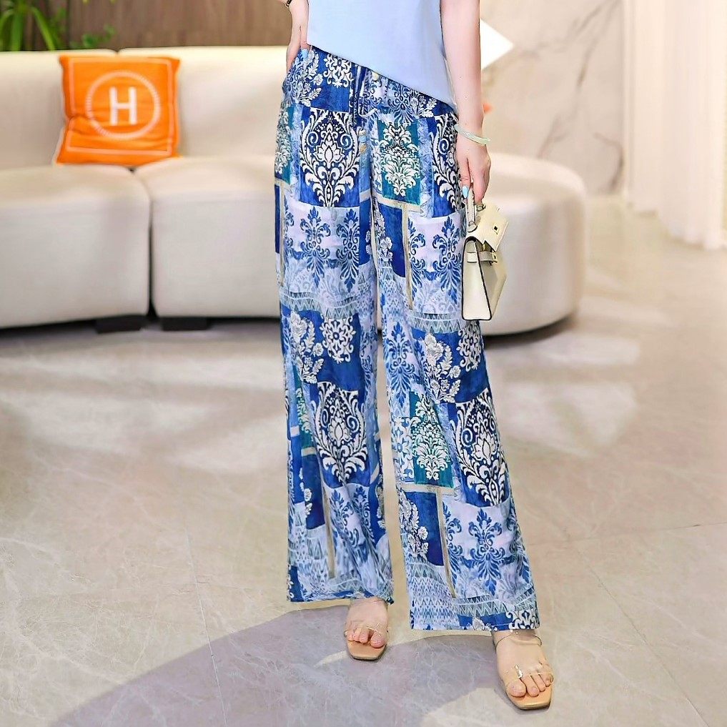 现货 青花雅致~撞色民族风印花松紧腰休闲裤百搭直筒裤夏季新款女,女装/女士精品,休闲裤,淘宝优惠券,粉丝福利购,淘宝优惠卷