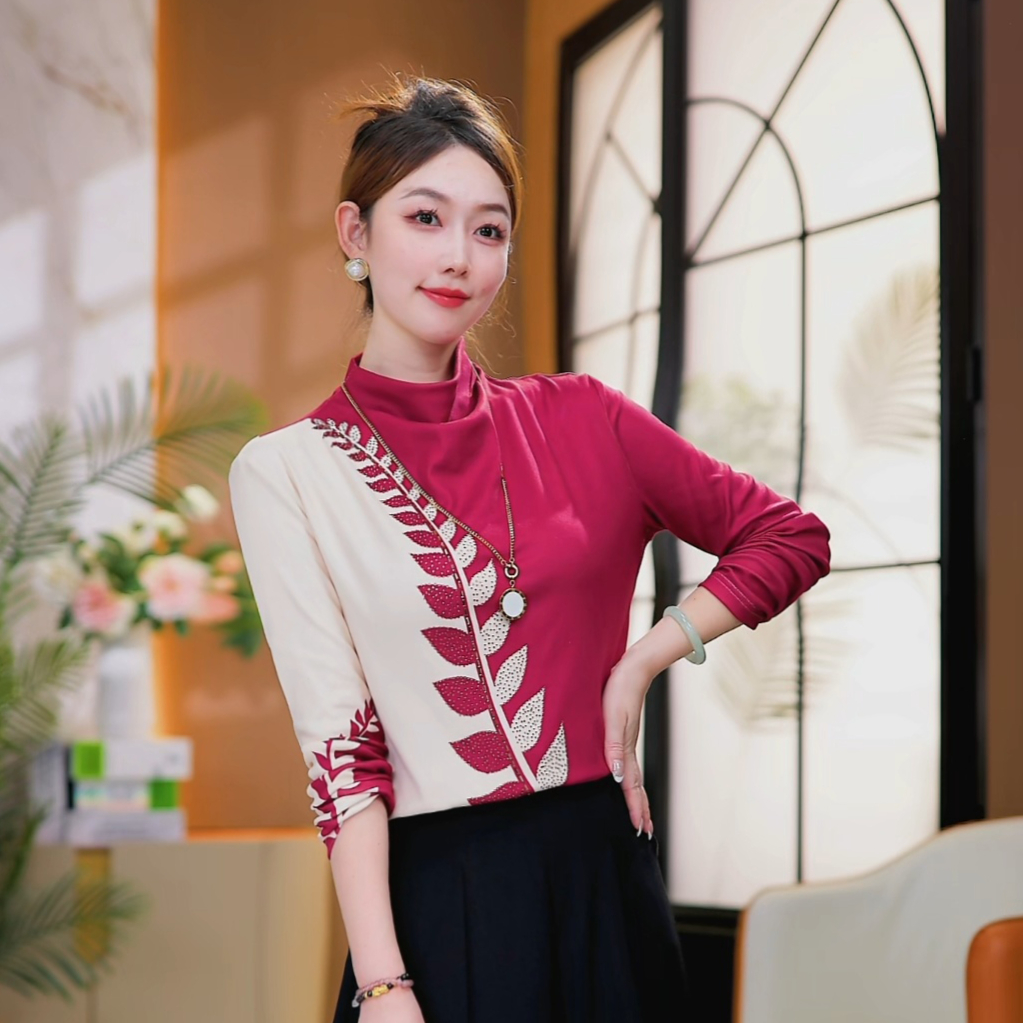 现货 红叶行韵~秋冬高级感加绒保暖撞色高领打底T恤洋气印花上衣