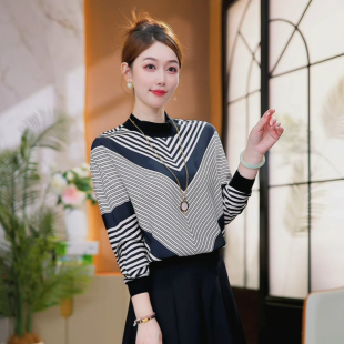 宽松T恤减龄上衣秋冬打底衫 设计感条纹百搭长袖 白茶茉莉 现货