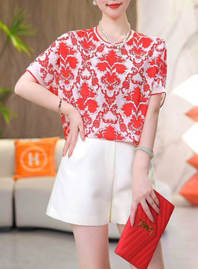 现货 红霞花海~气质圆领百搭短袖显瘦宽松T恤红色洋气大码上衣夏