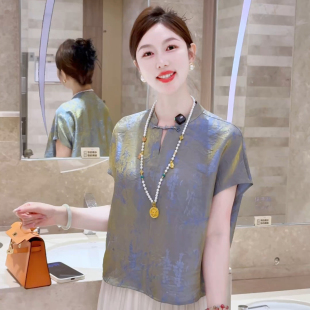 现货 蓝雾花影~新中式国风女装立领盘扣衬衫上衣夏款短袖宽松T恤