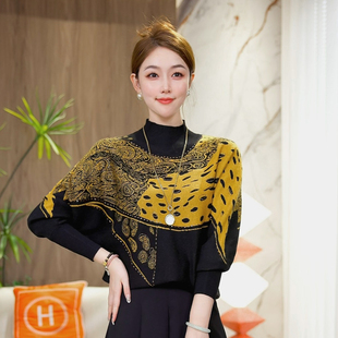 【墨黄纹章】抗起球提花洋气针织衫保暖宽松套头气质外穿毛衣秋冬